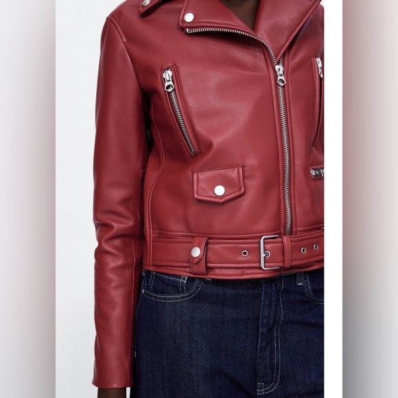 NEW Zara Vegan Faux Leather Red Motorcycle Moto Biker Jacket NWT XS! - Picture 5 of 11